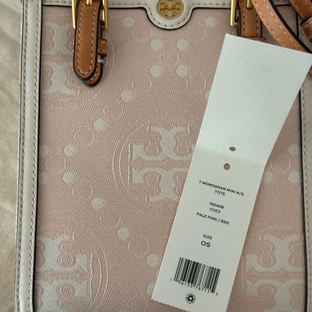 Tory Burch Mini T Monogram Perforated Leather Tote Crossbody, pale pink, NWT